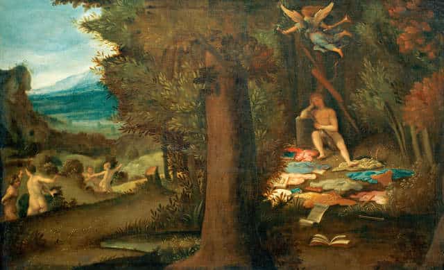 Lorenzo Lotto - Apollon endormi avec les Muses qui se dispersent et la Renommee qui s'enfuit