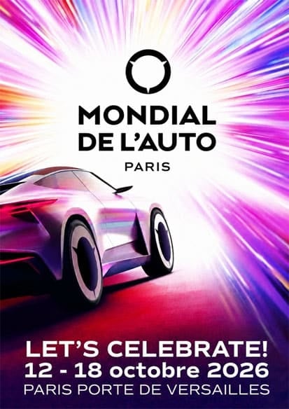 Promotional poster for Mondial de l'Auto Paris featuring a purple sports car against a neon burst background; includes the event slogan 'LET'S CELEBRATE!' and dates '12-18 octobre 2026' at Paris Porte de Versailles.