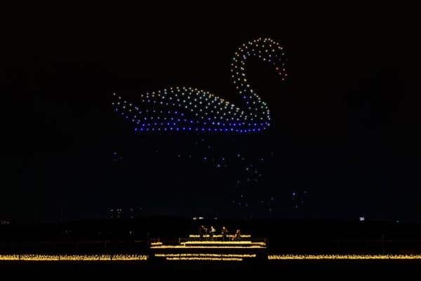 Cygne lumineux formé par les drones - DroneArt Show Paris