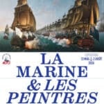 Poster announcing the exhibition 'La Marine & Les Peintres' featuring a row of tall sailing ships on a churning sea, with large blue title text and museum logos at the bottom