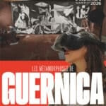 Poster for Musée Picasso Paris exhibition 'Les Métamorphoses de Guernica' (April 6–September 6, 2026) showing a person wearing a VR headset before a Guernica‑inspired mural.