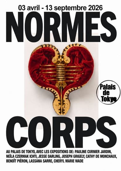 Poster for Palais de Tokyo exhibition 'Normes Corps' (Apr 3–Sep 13, 2026) featuring a red anatomical heart sculpture and bold black typography.