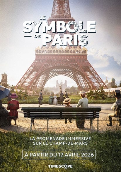 Poster for Le Symbole de Paris showing the Eiffel Tower with parkgoers on a bench; promotes an immersive promenade opening April 17, 2026 in Paris.