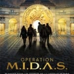 Poster for Chasse au Trésor: Operation M.I.D.A.S. a group of people walks toward a glowing golden coin in a plaza.