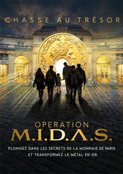 Poster for Chasse au Trésor: Operation M.I.D.A.S. a group of people walks toward a glowing golden coin in a plaza.