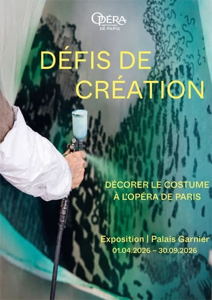 Poster for 'DÉFIS DE CRÉATION' at Palais Garnier; a person in white sleeves spray-paints a teal mural beneath bold yellow title text.