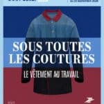 Poster for the Musée Postal exhibition “Sous toutes les coutures – Le vêtement au travail,” featuring a blue coat against a split blue-red background with Musée de France and La Poste logos, dates April 8–September 22, 2026.