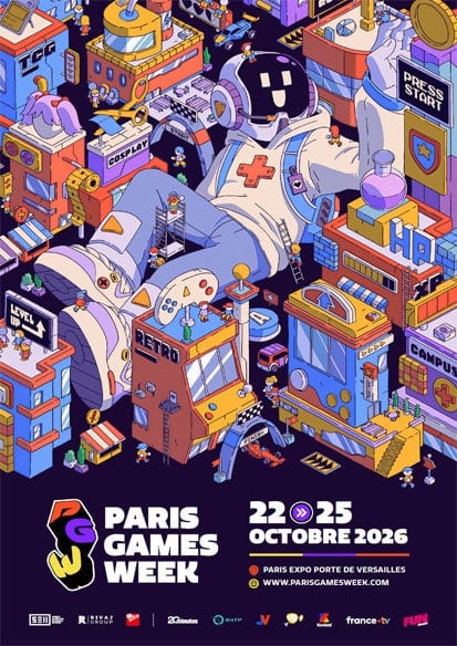 Poster for Paris Games Week, October 22–25, 2026, showing a vibrant arcade city with robots and game booths at Paris Expo Porte de Versailles (website: parisgamesweek.com).