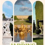 Poster for Château de Versailles advertising Les Jardins Musicaux, with three arched garden scenes and statues.