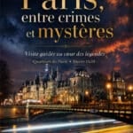 Poster advertising a guided Paris mystery tour: 'Paris, entre crimes et mystères' over a night cityscape along the Seine with illuminated buildings and a CULTIVAL logo.