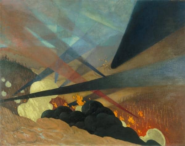 Félix Vallotton – Verdun, tableau de guerre interprété (sic), projections colorées noires, bleues et rouges, terrains dévastés, nuées de gaz