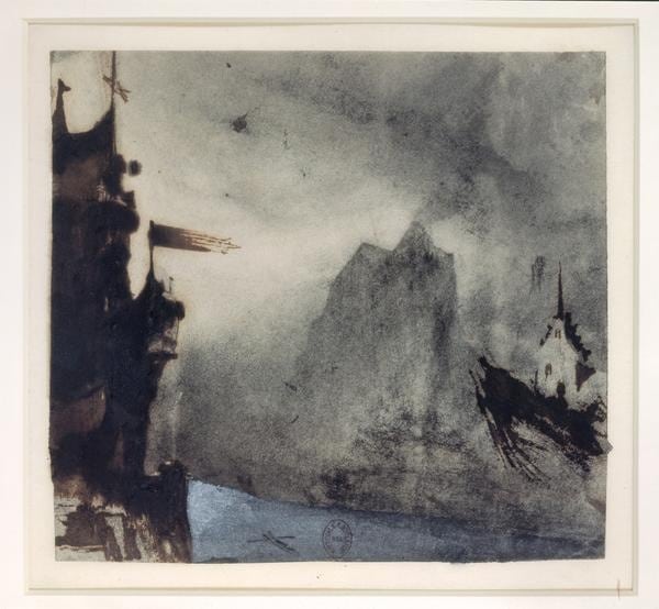 Victor Hugo – Paysage imaginaire avec burg et rocher dans la brume
