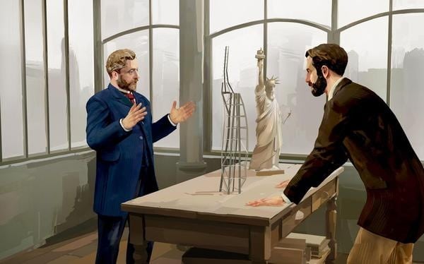 Scène de l’expérience – Gustave Eiffel et Auguste Bartholdi autour de la structure métallique intérieure de la statue de la Liberté