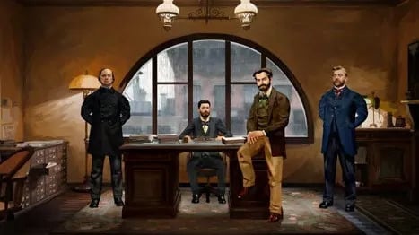 Scène de l’expérience – Joseph Pulitzer dans les bureaux du New York World avec Laboulaye, Bartholdi et Eiffel