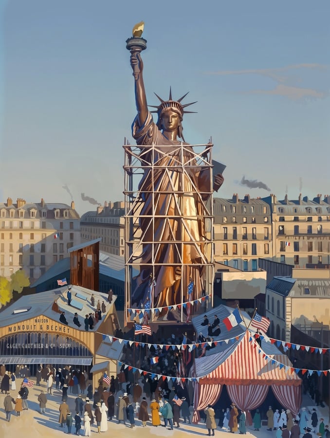 Concept art de l’expérience – la statue de la Liberté achevée dans la cour des ateliers Gaget, Gauthier & Cie, à Paris, le 4 juillet 1884